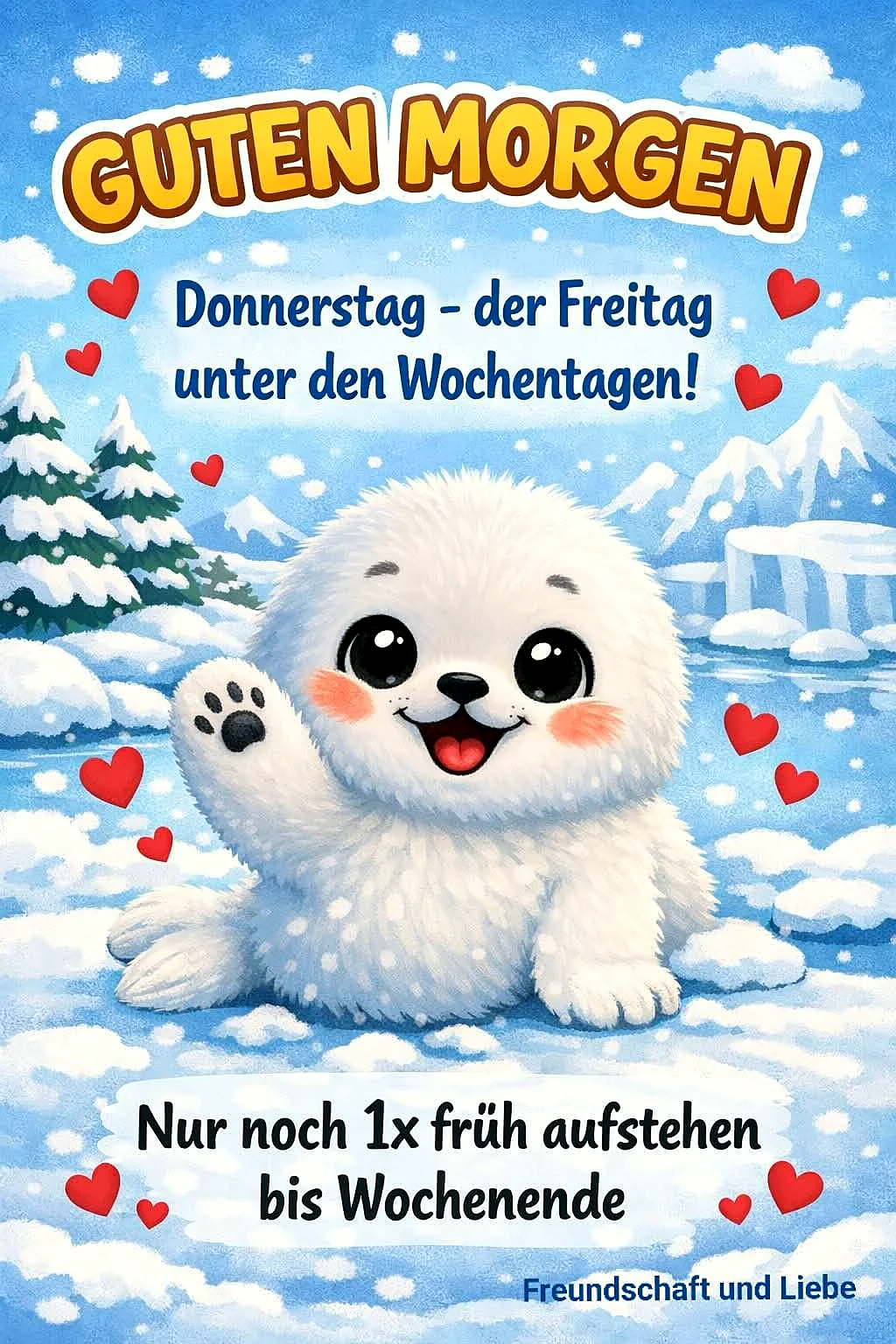 Ein süßes, weißes Robbenbaby winkt fröhlich aus einer winterlichen Schneelandschaft. Umgeben von roten Herzen, verkündet der Gruß "Guten Morgen, Donnerstag – der Freitag unter den Wochentagen!" pure Wochenend-Vorfreude.