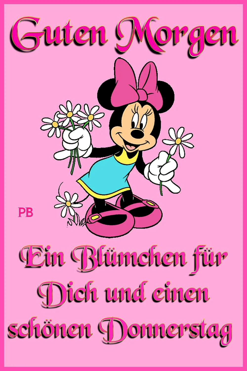 Ein Cartoon von Minnie Maus mit Blumen in rosa Hintergrund