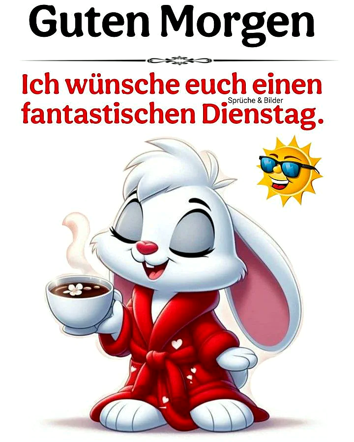Ein Cartoon-Hase in einem roten Morgenmantel hält eine Tasse Kaffee und lächelt, neben ihm ein sonniger Gruß.