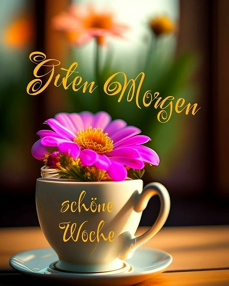 Eine strahlend pinke Blüte mit gelber Mitte arrangiert in einer weißen Teetasse auf passendem Unterteller. Goldene Schriftzüge verkünden "Guten Morgen schöne Woche". Der sanft verschwommene Hintergrund zeigt warme Grüntöne und zarte Lichtreflexe, die eine romantische Frühlingsstimmung schaffen.