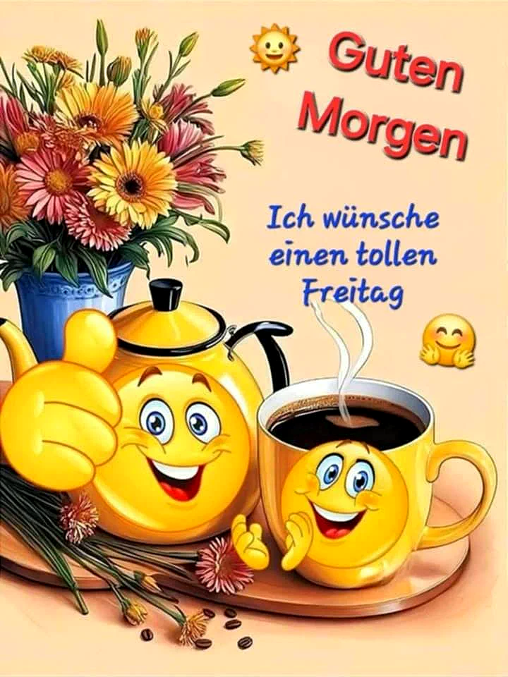 Ein Cartoon-Kaffee-Set mit gelben Smiley-Gesichtern, Blumen und Kaffeebohnen auf einem Holzteller, vor einem hellen Hintergrund