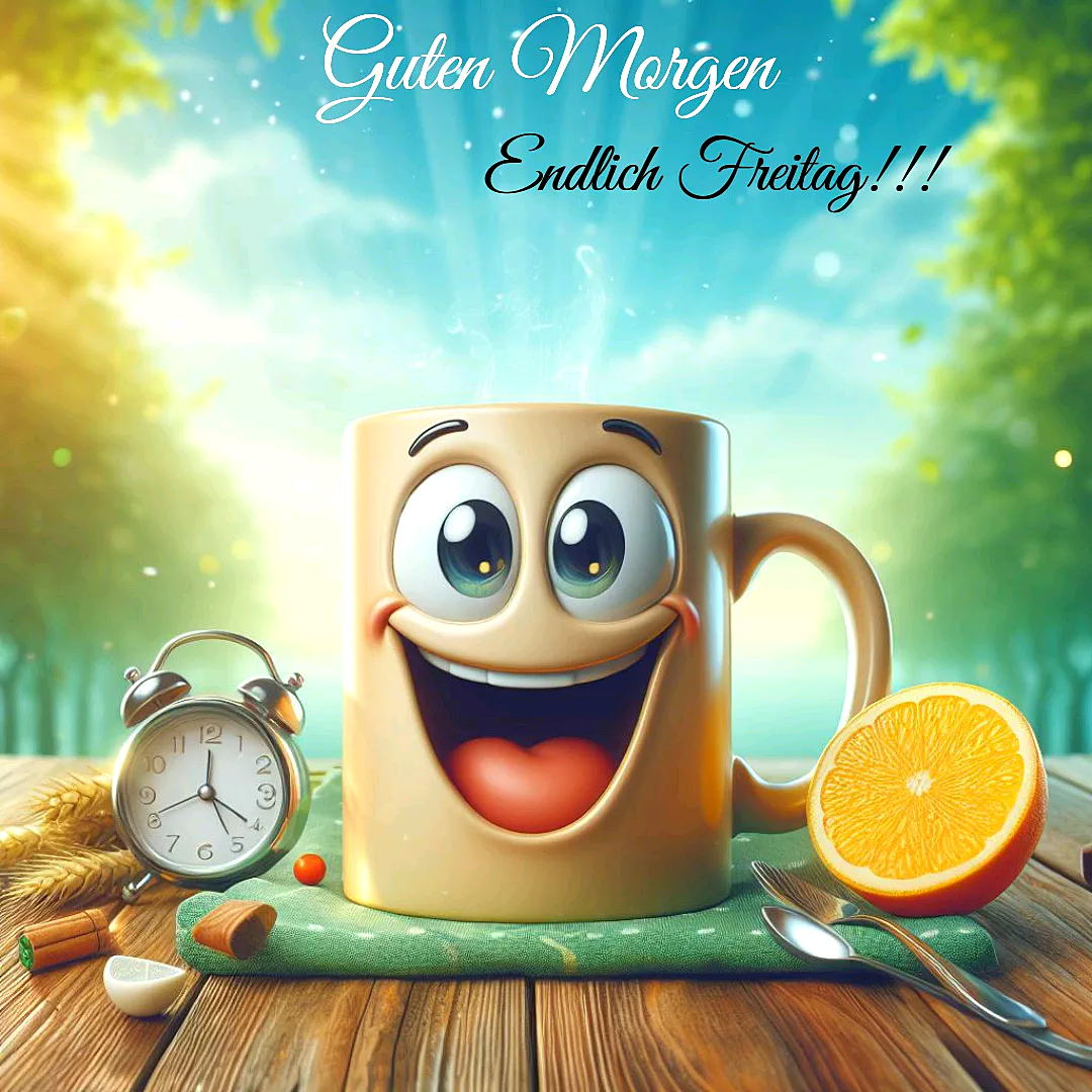 Fröhliche Cartoon-Kaffeetasse mit großen Augen und offenem Mund lächelt auf einem Holztisch. Daneben stehen ein Wecker und eine halbe Orange. Der Hintergrund zeigt sonnige Natur mit grünen Bäumen unter blauem Himmel. Dampf steigt von der Tasse auf, Signal für den Freitag.