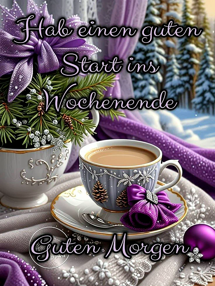 Ein gemütliches Wintermorgen-Bild mit einer Tasse Kaffee, Tannen Zweigen und einer Schnee Landschaft im Hintergrund