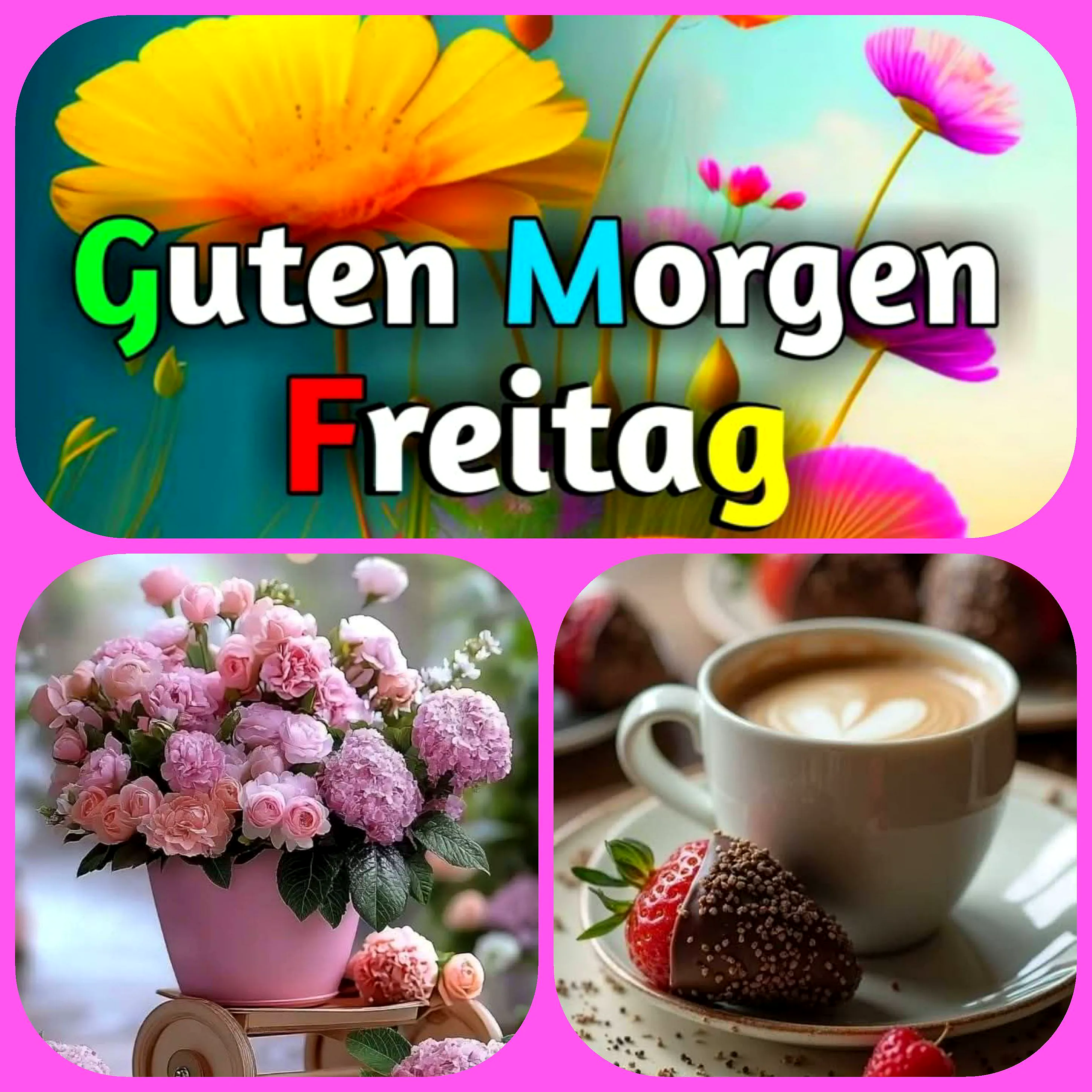 Ein Collage aus drei Bildern. Oben ein gelber Sonnenblume und rosa Blumen auf blauem Hintergrund mit den Worten 'Guten Morgen Freitag' in bunten Buchstaben. Unten links ein rosa Blumenstrauch in einem rosa Topf auf einem kleinen Wagen. Unten rechts eine Tasse Kaffee mit Schokoladen-Erdbeeren.