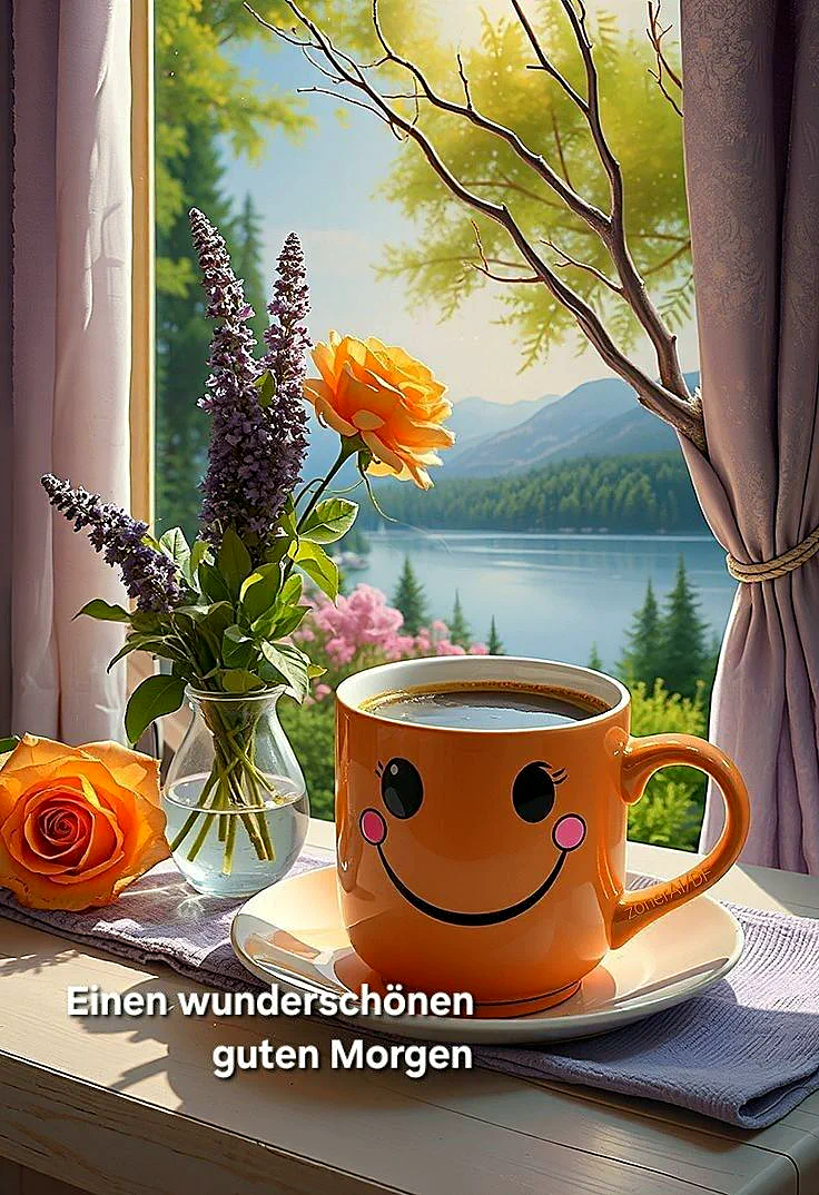 Ein orangefarbener Kaffeebecher mit einem lächelnden Gesicht auf einem Tisch vor einem Fenster mit Blick auf einen See, Blumen und Bäume. Die Szene ist hell und friedlich.
