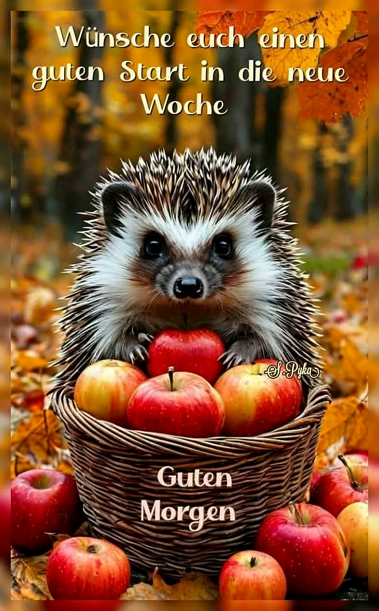 Ein Igel sitzt in einem Korb voller Äpfel, umgeben von Herbstlaub und weiteren Äpfeln auf dem Boden. Der Igel hat ein freundliches Gesicht und ist in einer Herbstlandschaft platziert.