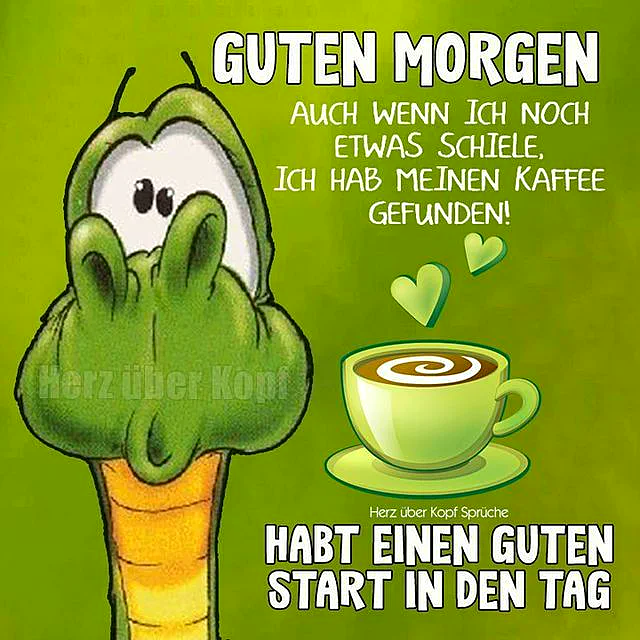 Ein grüner Cartoon-Charakter, der einen Kaffee sieht und ihn mit Freude begrüßt. Der Charakter hat eine gelbe Basis und einen grünen Kopf. Es gibt einen hellgrünen Kaffee mit einem Herz auf dem Schaum und zwei kleine grüne Herzen, die aus der Tasse aufsteigen. Der Hintergrund ist grün.