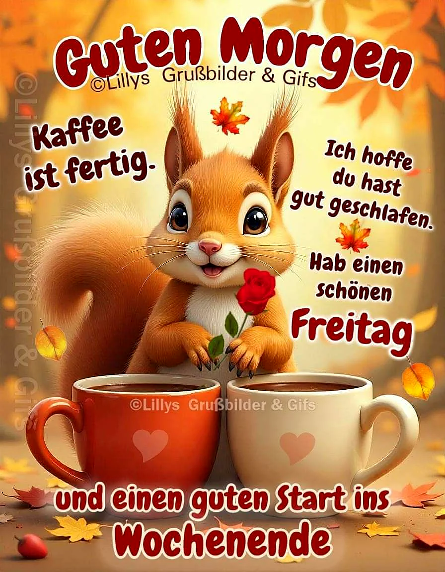 Ein niedliches Cartoon- Eichhörnchen mit großen Augen hält eine rote Rose in der Pfote und sitzt zwischen zwei Kaffeetassen, umgeben von Herbstlaub und warmen Herbstfarben.