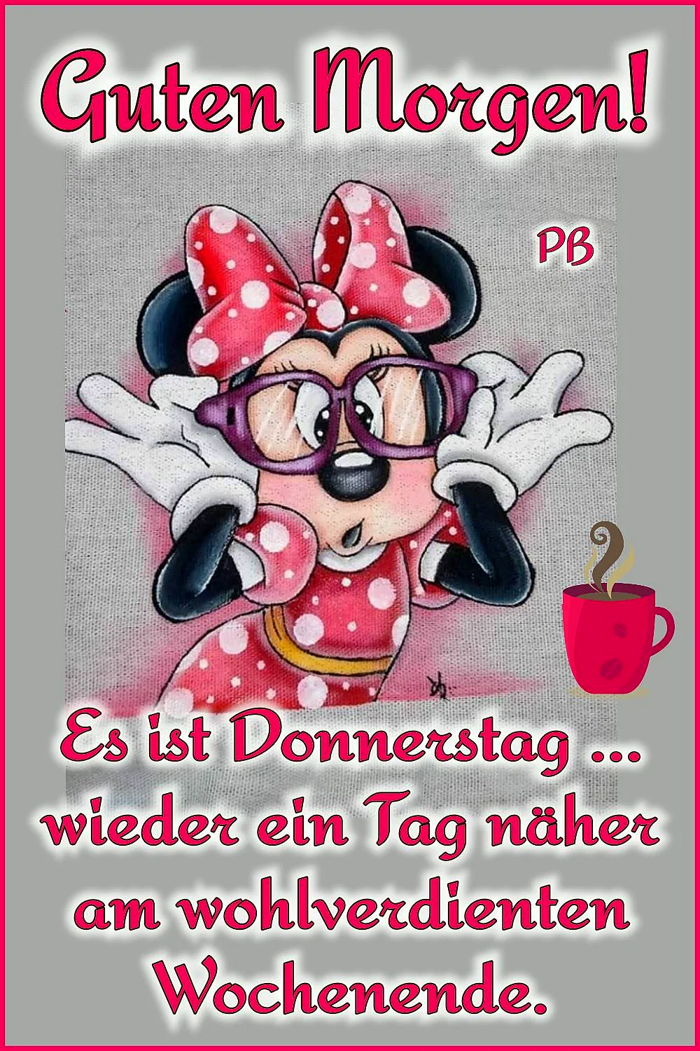 Fröhliche Cartoon-Maus im roten Polka-Dot-Kleid und Brille jubelt. Eine dampfende rote Kaffeetasse ist sichtbar. Das Bild drückt pure Vorfreude auf das nahende Wochenende aus.