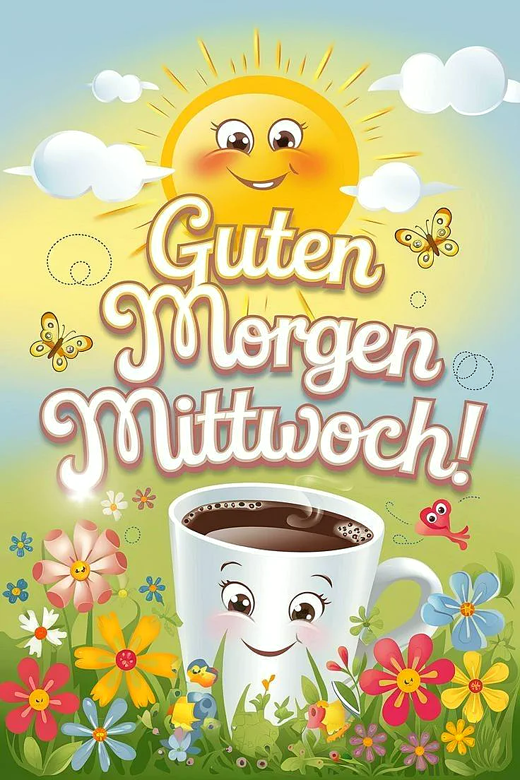 Ein cartoonartiges Bild mit einem lächelnden Sonnenaufgang, einer Tasse Kaffee mit Gesicht und Blumen im Vordergrund. Der Himmel ist blau mit weißen Wolken.