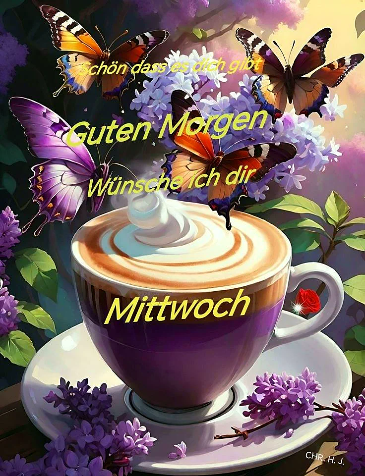 Ein gemütlicher Kaffeebecher mit Schaum und einem roten Rosenknospe im Henkel, umgeben von violetten Blumen und farbenfrohen Schmetterlingen