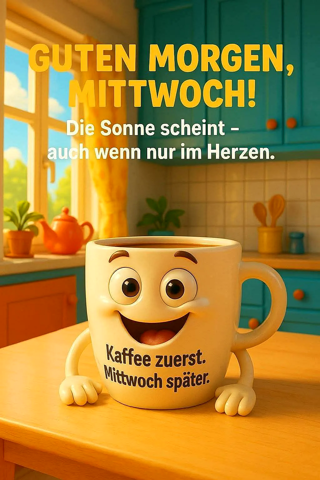 Eine fröhliche, animierte Kaffeetasse mit Augen und Armen lacht auf einem sonnigen Küchentisch. Im Hintergrund sieht man eine farbenfrohe Küche mit dem humorvollen Text zum Mittwoch und Kaffee.