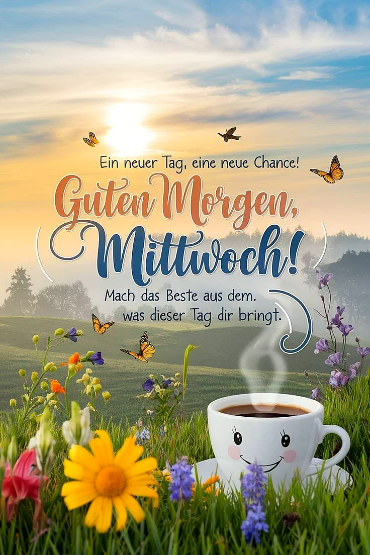 Ein sonniger Morgen in einer blühenden Wiese mit einem lächelnden Kaffeebecher, Schmetterlingen und Blumen. Der Himmel ist blau mit weißen Wolken.