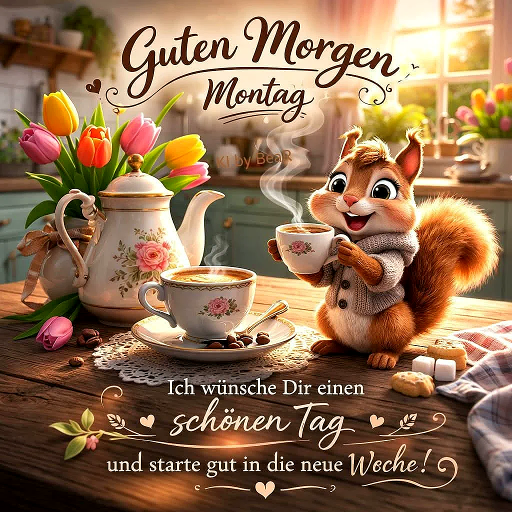 Ein Cartoon-Eichhörnchen hält eine Tasse Kaffee in einer Küche, umgeben von Tulpen, einem Teekessel und einer Tasse Kaffee. Der Eichhörnchen trägt eine Strickjacke und sitzt auf einem Holztisch.