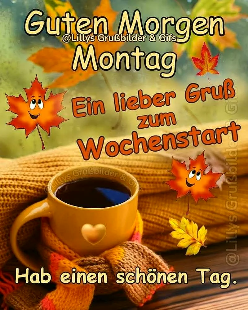 Ein herzliches, gelbes Kaffeebecher mit Herz, umwickelt mit einem orangefarbenen Schal, im Hintergrund Herbstlaub und zwei lachende Blätter