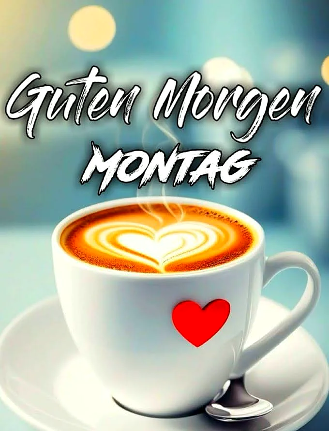 Ein weißer Kaffeebecher mit einem roten Herz auf der Seite, gefüllt mit Kaffee, dessen Schaum ein Herz bildet, auf einem weißen Teller mit Löffel, im Hintergrund unscharfe blaue und gelbe Flecken.