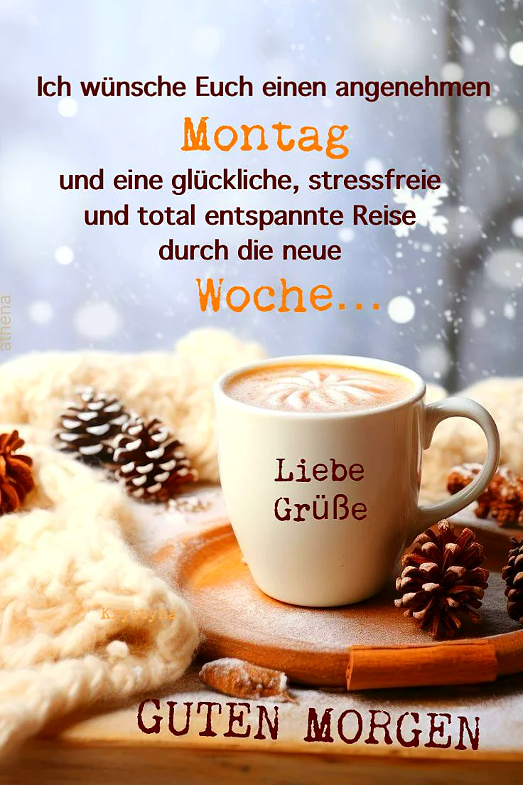 Ein warmes Winterbild mit einer Tasse Kaffee, umgeben von Tannenzapfen, Zimtstangen und einer weichen Decke, im Hintergrund Schneeflocken.