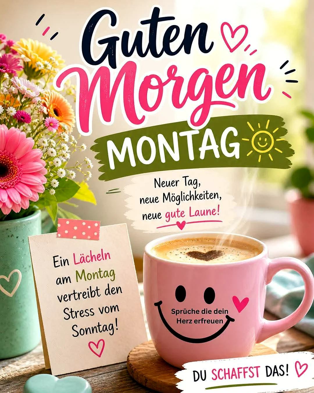 Ein Bild mit einer Tasse Kaffee, Blumen und einem Zettel mit einem motivierenden Spruch zum Montagmorgen.