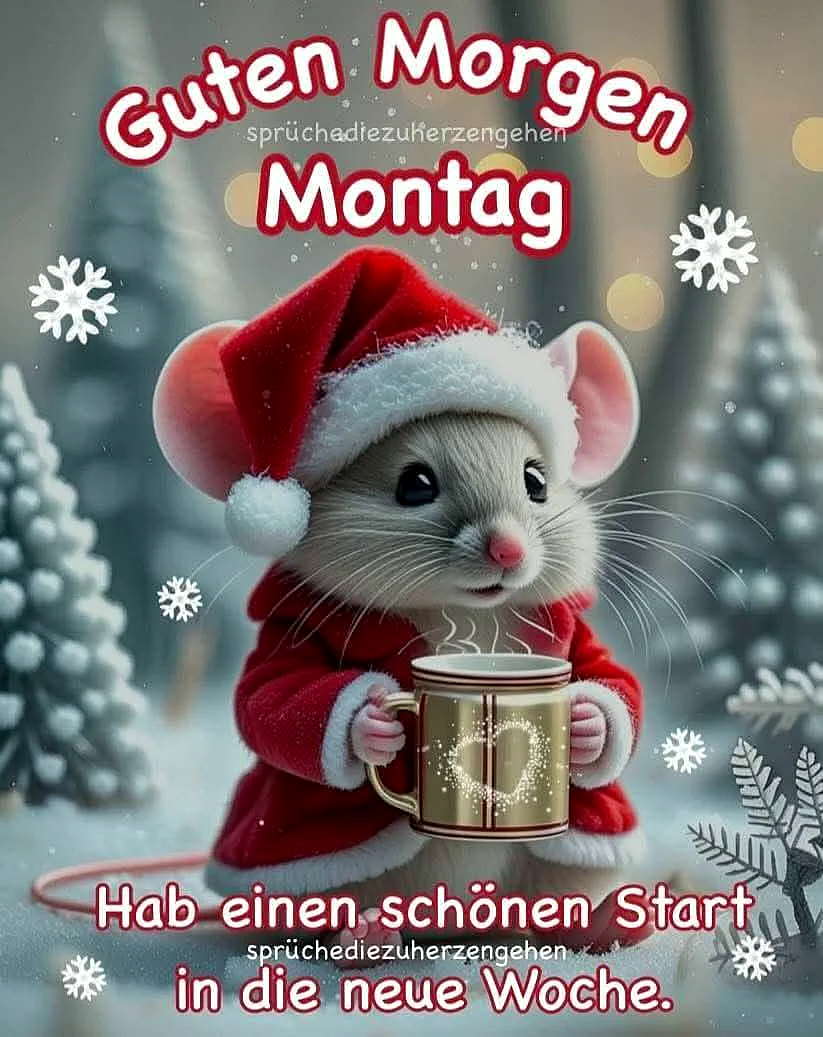 Ein niedliches Mäuschen in rotem Weihnachtsmann-Outfit hält eine goldene Tasse mit heißem Getränk, umgeben von Schneeflocken und Weihnachtsbäumen.