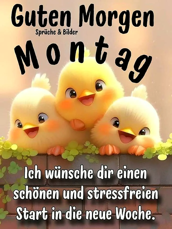 Ein digitales Bild mit drei gelben Küken, die auf einer Mauer sitzen, umgeben von grünen Blättern. Die Küken haben große, freundliche Augen und offene Schnäbel. Im Hintergrund ein weicher, sonniger Himmel.