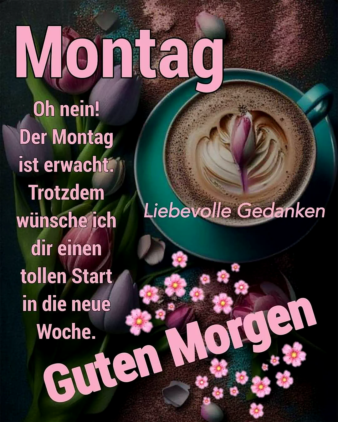 Ein teelicherbecher mit Kaffee, umgeben von Tulpen und kleinen Blumen auf einem braunen Hintergrund. Der Kaffee hat eine Herzform auf der Oberfläche.