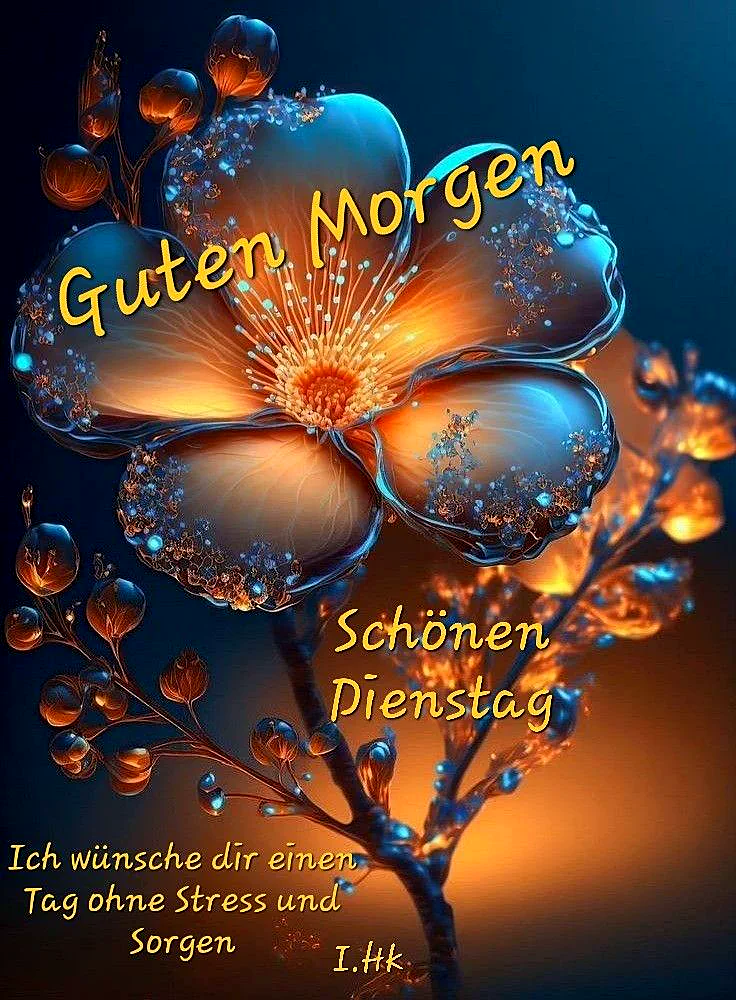 Ein digitales Kunstbild einer orange-blauen Blume mit Tautropfen, die im Morgenlicht erstrahlt. Der Hintergrund ist dunkelblau mit einer warmen Lichtquelle.
