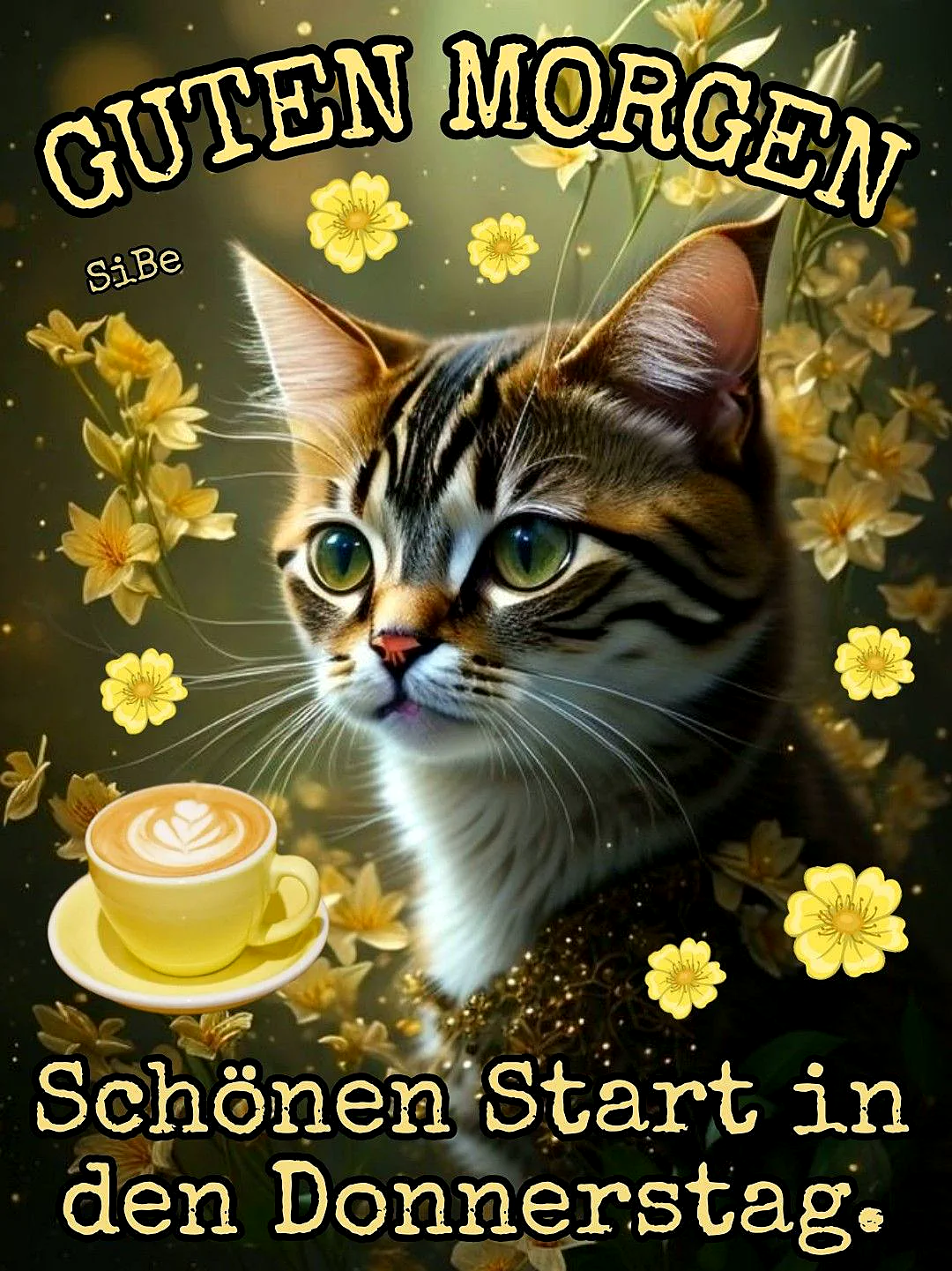 Ein Bild mit einer Katze, gelben Blumen, und einer Tasse Kaffee. Die Katze hat eine braun-weiße Fellzeichnung und grüne Augen. Der Hintergrund ist dunkel mit vielen kleinen gelben Blumen.