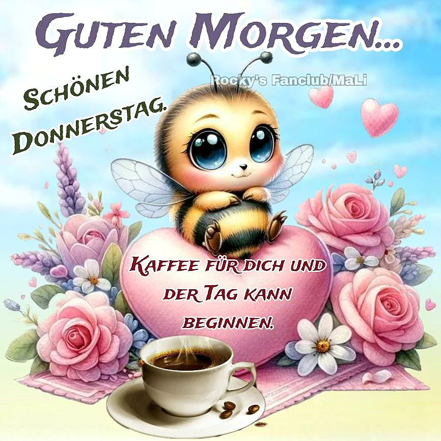 Ein Cartoon-Biene sitzt auf einem rosa Herz, umgeben von rosa Rosen, lavendel und anderen Blumen. Ein Kaffeebecher steht vor ihr.