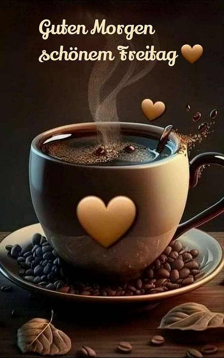 Ein dampfender Kaffeebecher mit einem goldenen Herz auf der Seite, umgeben von Kaffeebohnen und Blättern auf einem Holztisch, mit einem dunklen Hintergrund