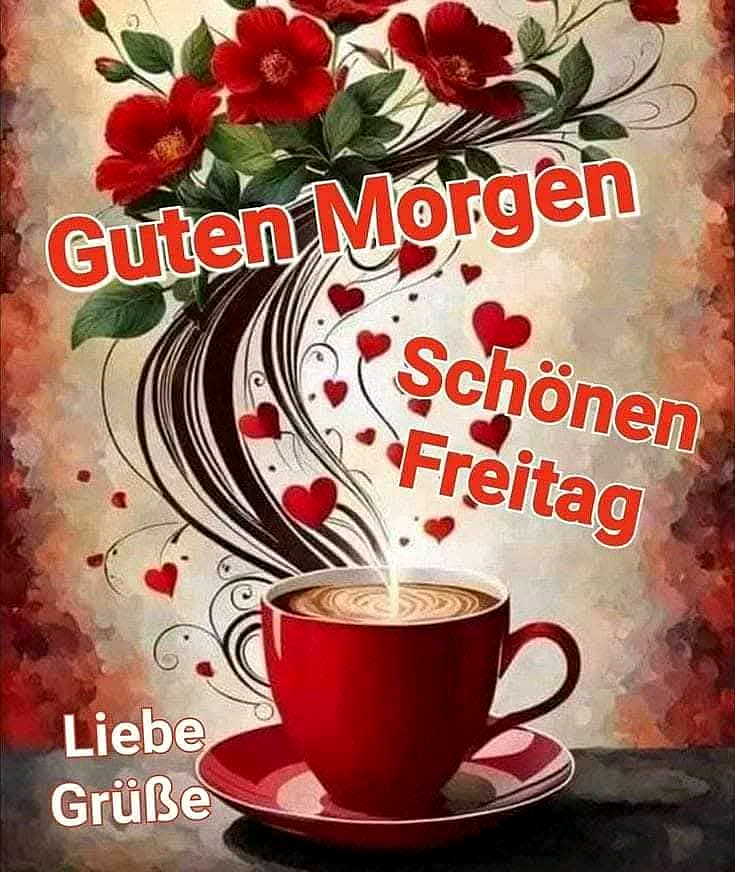 Ein stimmungsvolles Grußbild zum Freitag mit einer dampfenden roten Kaffeetasse, umgeben von Herzen und roten Blumen. Die warme Atmosphäre wünscht einen fröhlichen Start ins Wochenende.