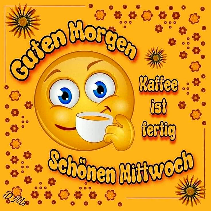 Ein gelbes Emoji mit einem Kaffee trinkenden Gesicht, umgeben von Blumen und Sonnen auf gelbem Hintergrund.