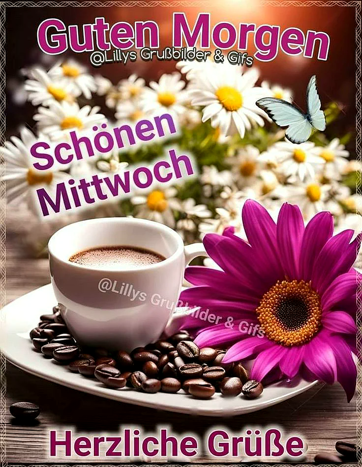 Ein fröhliches Bild mit einer Tasse Kaffee auf einem Teller mit Kaffeebohnen, einer pinken Blume und einem blauen Schmetterling vor einem Hintergrund von weißen Blumen.