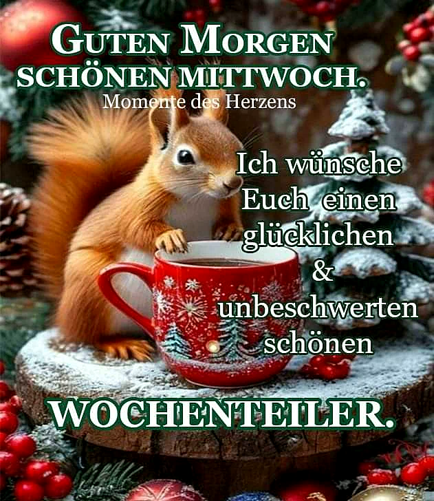 Ein niedliches Eichhörnchen sitzt auf einem Baumstamm neben einem roten Weihnachtsbecher, umgeben von Weihnachtsdekorationen, Schnee und roten Beeren.