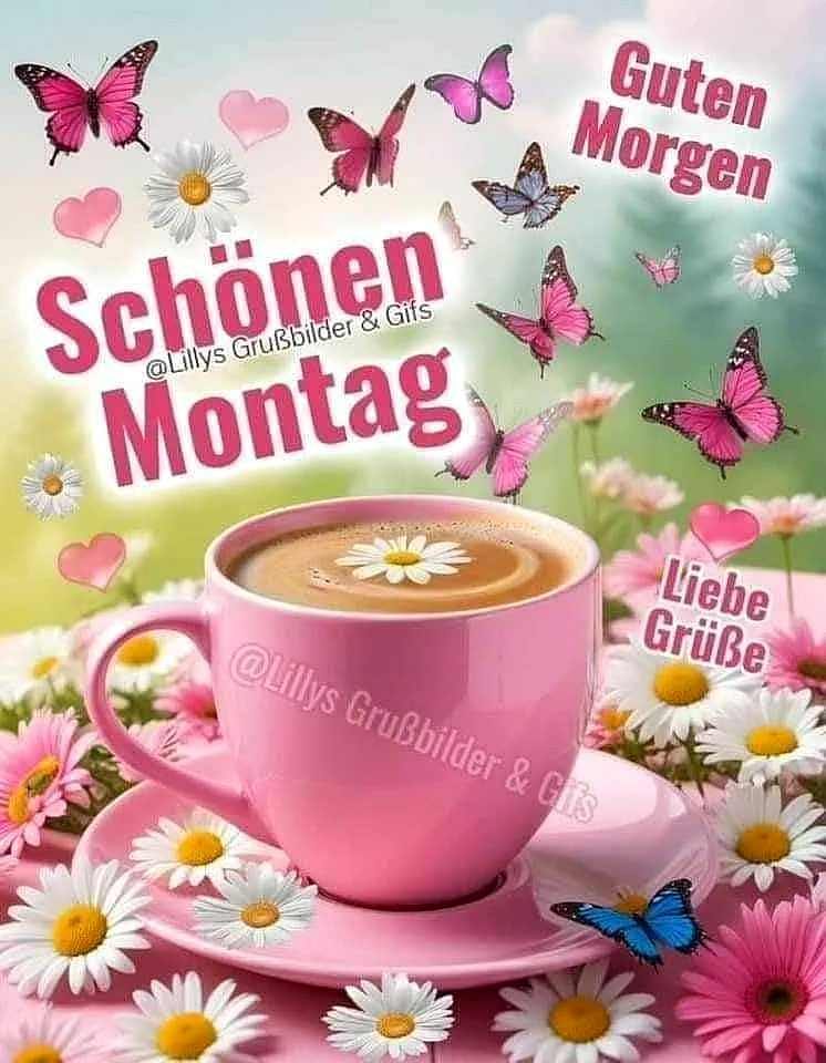 Ein rosa Kaffeebecher auf einem rosa Teller, umgeben von weißen und rosa Blumen, Schmetterlingen und Herzen. Der Becher hat eine Blume auf dem Kaffee.