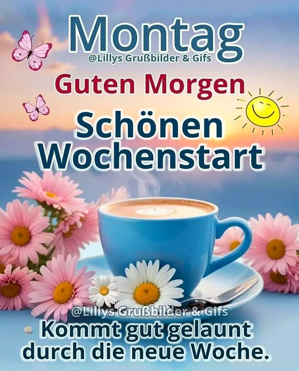 Ein fröhliches Bild mit einer blauen Kaffeetasse, umgeben von rosa und weißen Blumen, Schmetterlingen und einem lächelnden Sonnenaufgang am Himmel