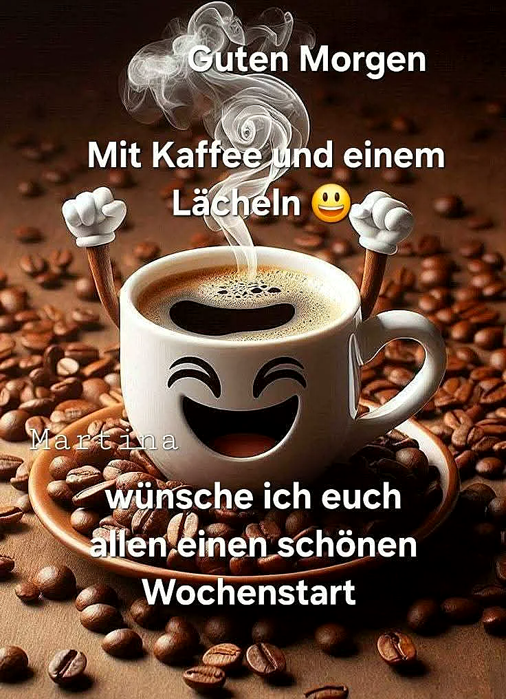 Fröhliche Kaffeetasse mit lachendem Gesicht und erhobenen Armen, gefüllt mit dampfendem Kaffee, umgeben von Kaffeebohnen. Das Bild strahlt positive Energie für einen motivierten Wochenstart aus.