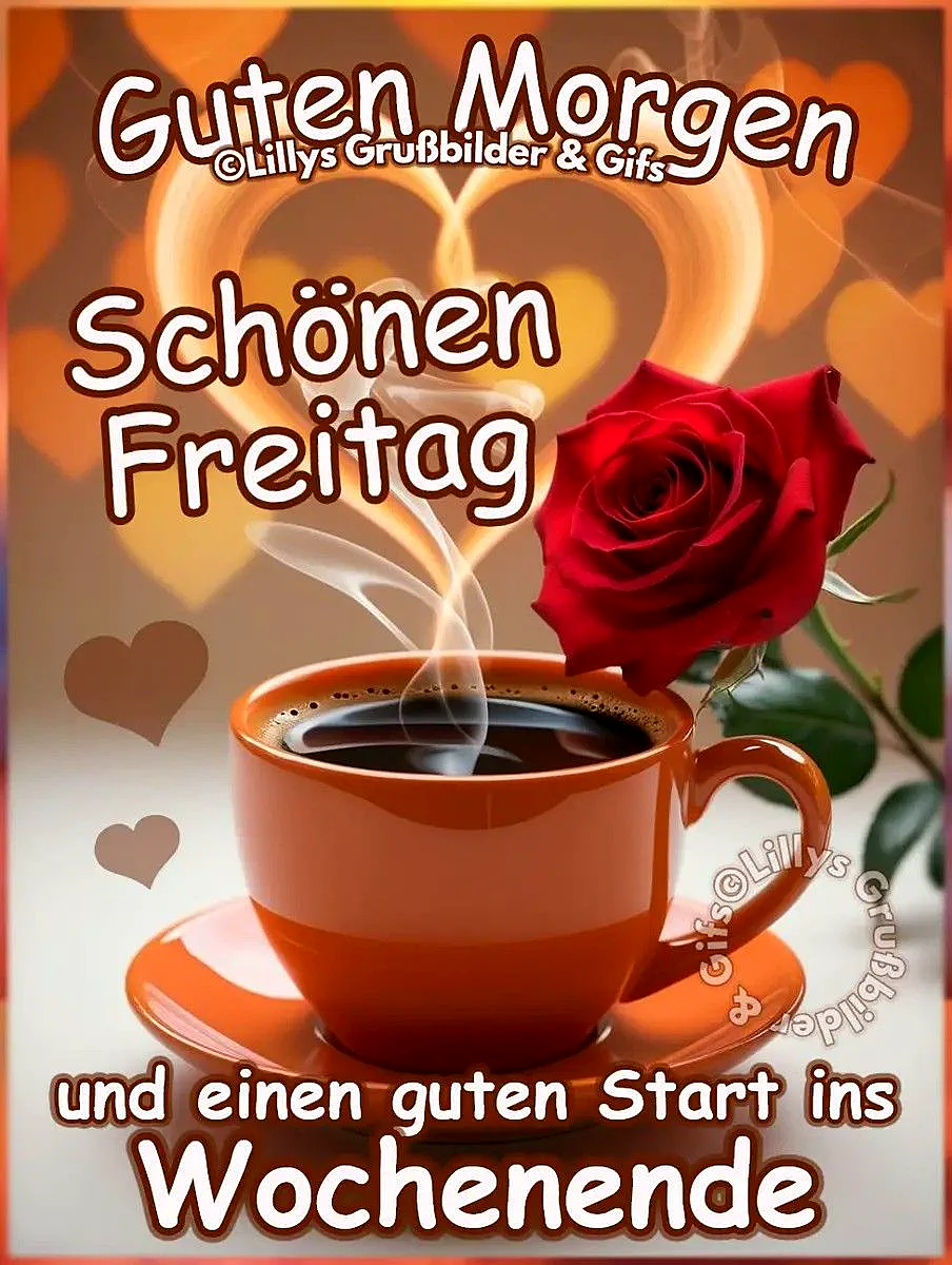 Ein orangefarbener Kaffeebecher mit einer roten Rose darauf, Dampf steigt auf, im Hintergrund schwimmende Herzen