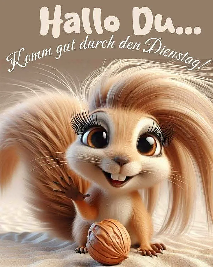 Ein niedliches, cartoonartiges Eichhörnchen mit riesigen Wimpern und großen Augen winkt freundlich. Eine Walnuss liegt davor. Der Hintergrund ist weich und beige. Der Gruß lautet: 'Hallo Du... Komm gut durch den Dienstag!'
