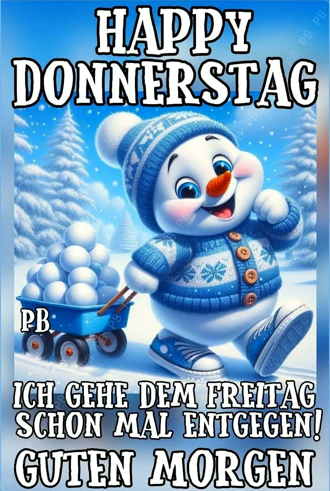 Ein Cartoon-Schneemann in einem blauen Pullover und Hut zieht einen Wagen mit Schneebällen durch eine winterliche Landschaft mit schneebedeckten Tannen.