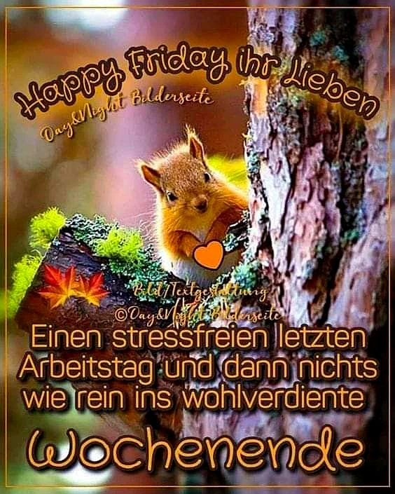 Ein niedliches Eichhörnchen sitzt an einem Baumstamm, hält ein Herz in den Pfoten und blickt freundlich. Im Hintergrund fallen Herbstblätter.