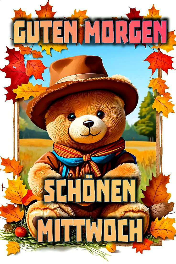 Ein Teddybär im Herbstwald, trägt einen Hut und eine Schärpe, umgeben von Herbstlaub und einem Feld im Hintergrund.
