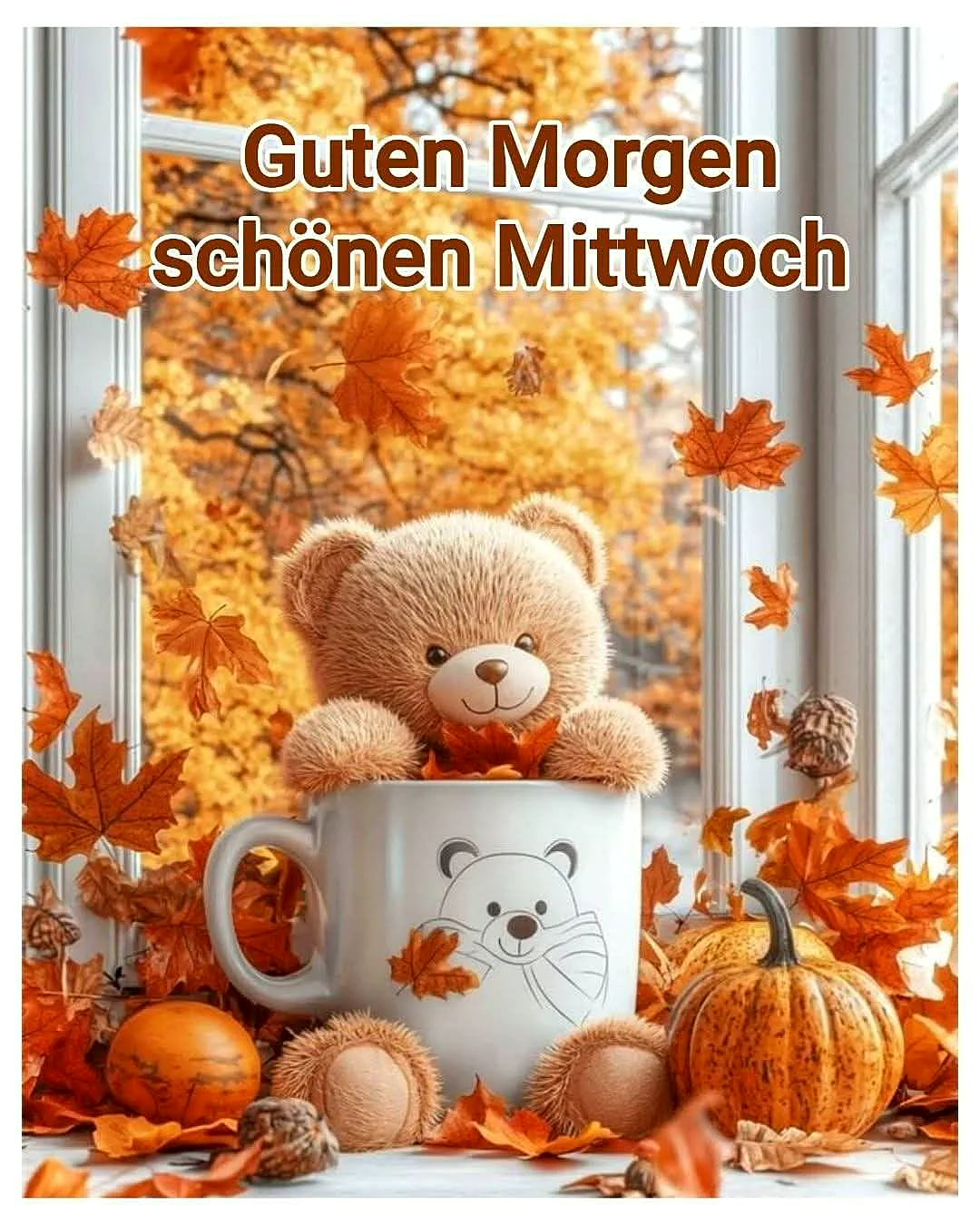 Ein niedlicher Teddybär sitzt in einer weißen Tasse mit einem Bärenkopf darauf, umgeben von Herbstlaub, Kürbissen und Kastanien auf einer Fensterbank vor einem Fenster mit Herbstlandschaft.