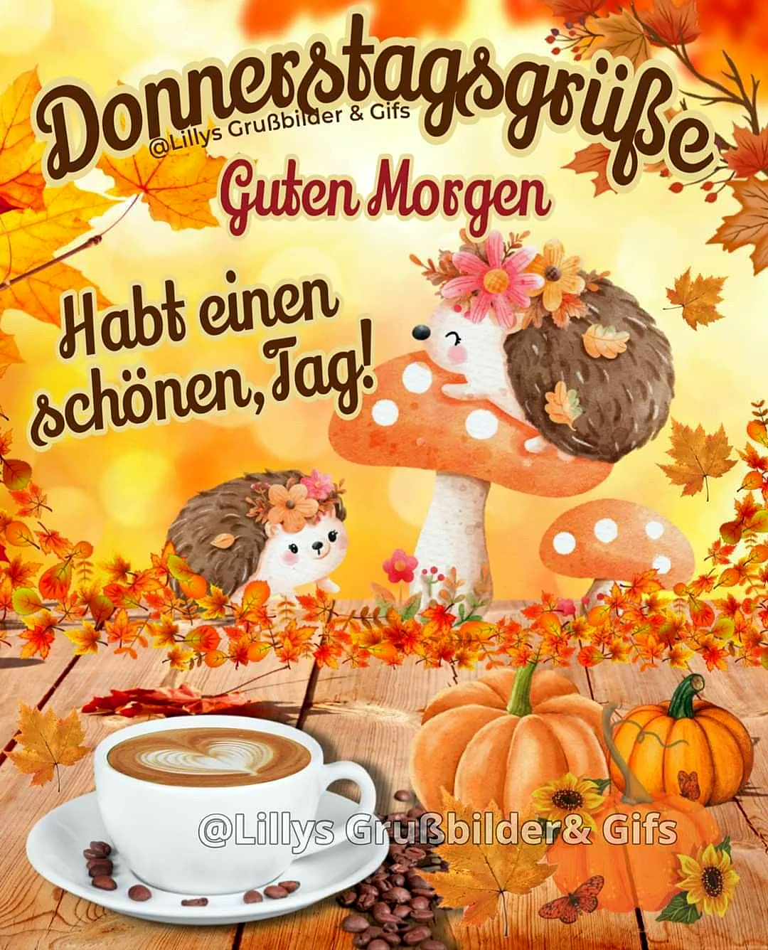Zwei süße Igel mit Blumenkränzen, einer sitzt auf einem orangefarbenen Pilz, umgeben von herbstlichen Blättern. Eine Tasse Kaffee mit Herz-Latte-Art und Kürbisse runden die warme, goldene Donnerstagsvorfreude ab.