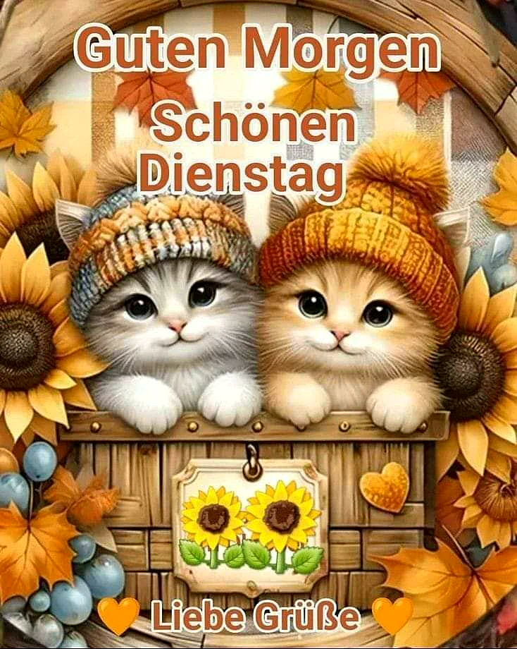 Zwei Katzen in Mützen, umgeben von Sonnenblumen und Herbstlaub, schauen aus einem Fenster.