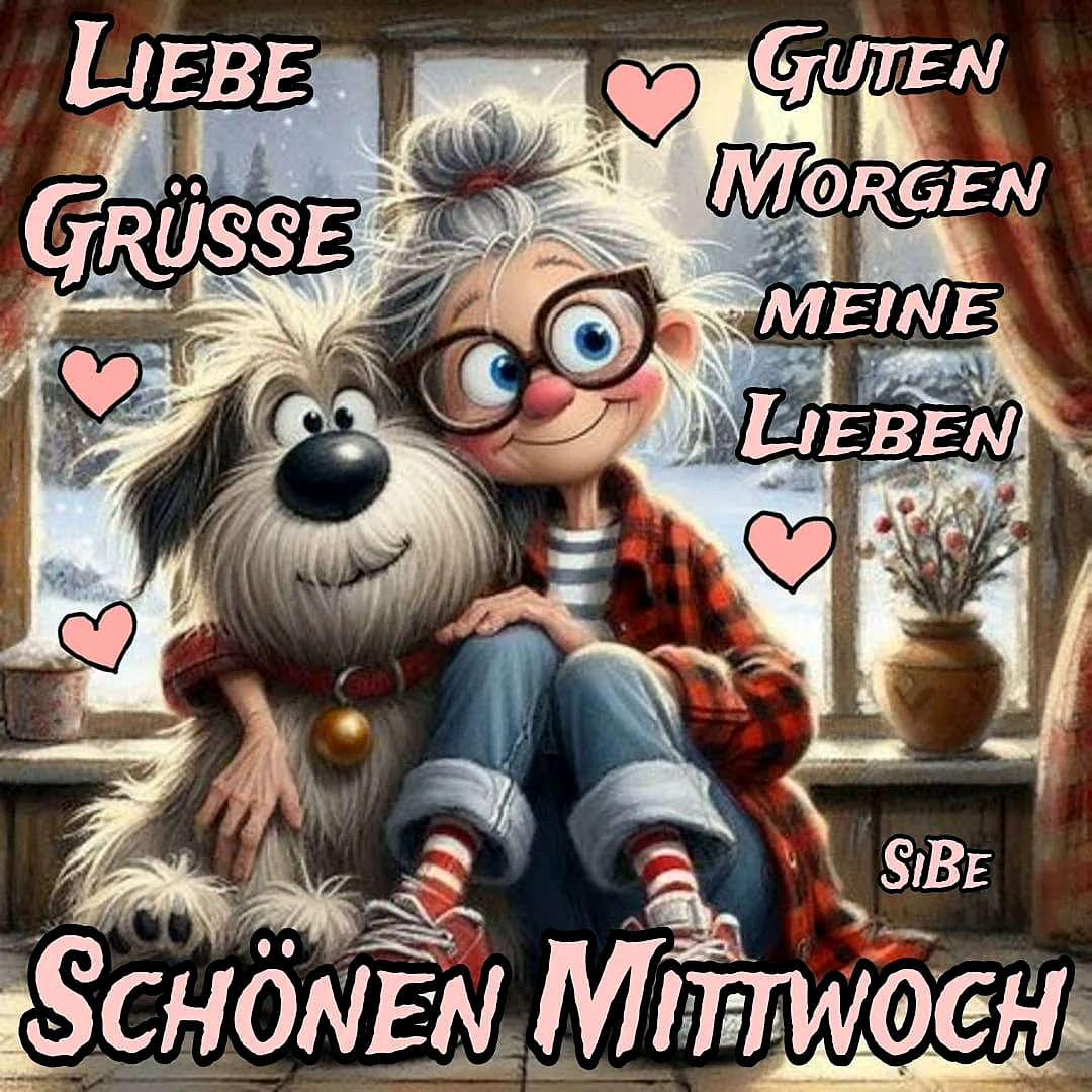 Eine ältere Dame sitzt mit einem großen, hellen Hund auf einem Fensterbrett. Sie trägt eine rot karierte Jacke, blaue Jeans und rote Schuhe. Im Hintergrund sieht man eine winterliche Landschaft.
