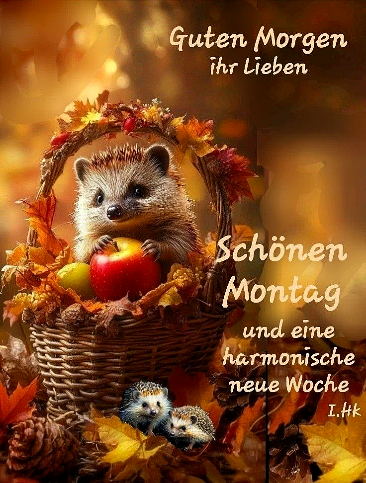 Ein Igel sitzt in einem Herbstkorb mit Äpfeln und Blättern, umgeben von zwei kleineren Igeln und vielen Herbstdekorationen, warme Lichtstimmung