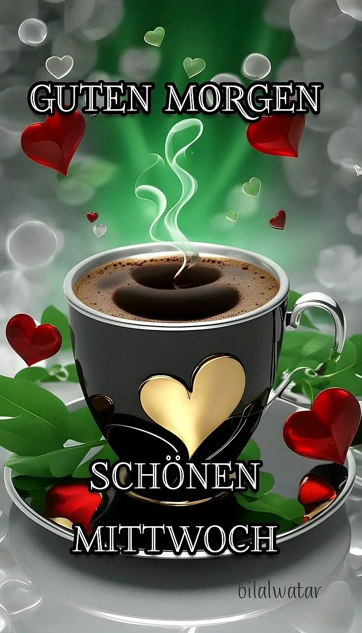 Ein dampfender Kaffee in einer schwarzen Tasse mit goldenem Herz, umgeben von roten und grünen Herzen, auf einem silbernen Tablett mit grünen Blättern, vor einem grünen Hintergrund mit weißen Lichtern.