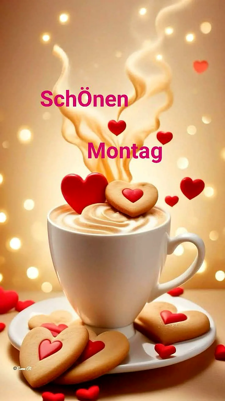 Ein warmes Bild mit einer Tasse Kaffee, umgeben von herzförmigen Keksen und kleinen roten Herzen, vor einem goldenen Hintergrund mit Lichtern.