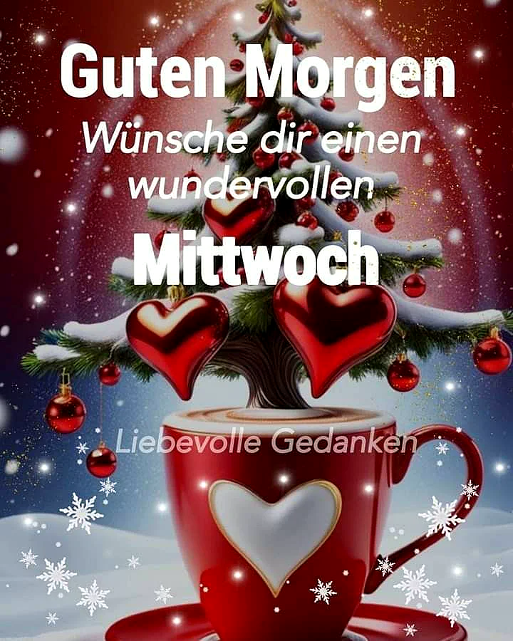 Ein festlich dekorierter Weihnachtsbaum in einer roten Tasse mit Herzmotiv, umgeben von Schneefällen und roten Kugeln vor einem sternenklaren Hintergrund.