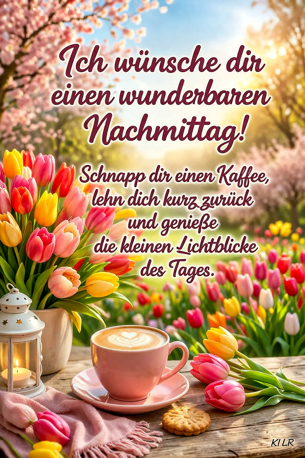 Ein sonniger Frühlingsnachmittag mit blühenden Tulpen und einem Kirschbaum im Hintergrund. Auf einem Holztisch stehen eine pinkfarbene Kaffeetasse mit Herz-Latte Art, eine weiße Laterne mit Kerze, bunte Tulpen in einer Vase und ein Keks. Die Stimmung ist entspannt und gemütlich.